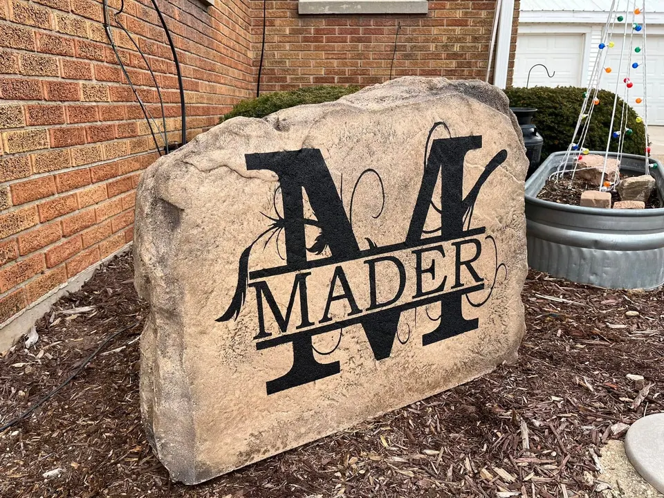 Engraved family monogram boulder, built to order from an approved design proof