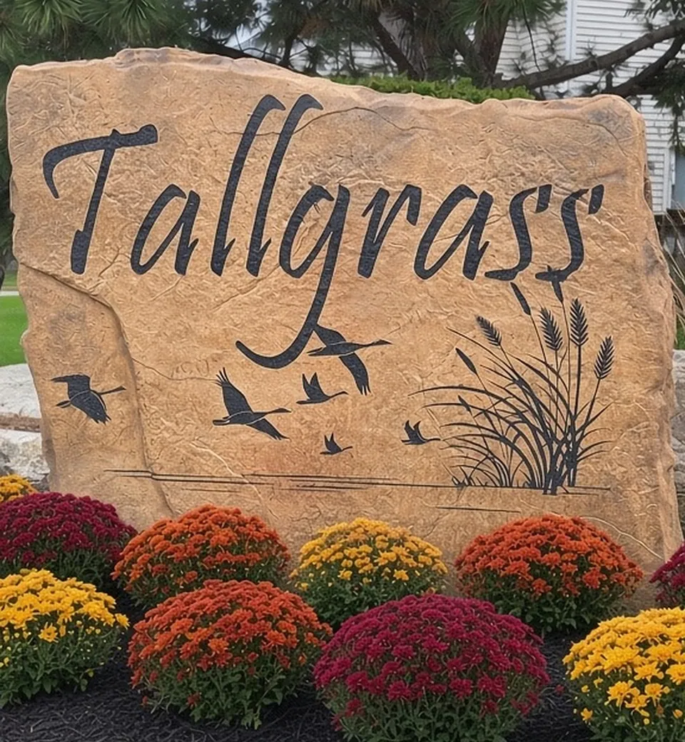 Tallgrass HOA engraved entrance monument boulder with fall mums